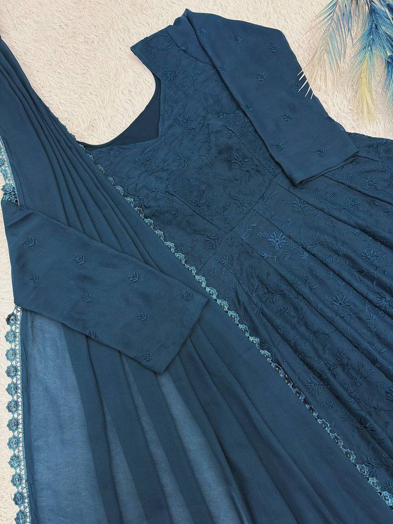 teal color thread embroidery work with gpo lace border georgette gown set