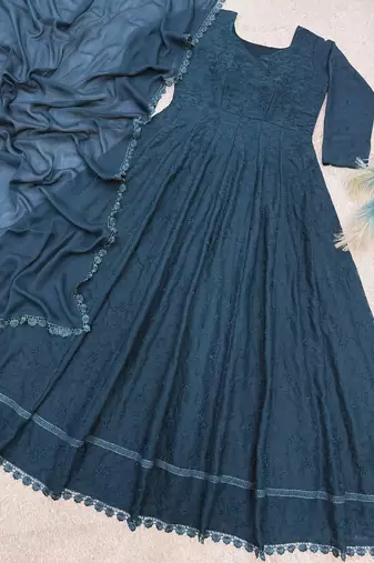 teal color thread embroidery work with gpo lace border georgette gown set