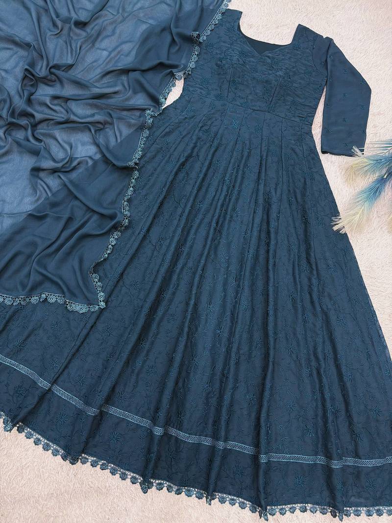 teal color thread embroidery work with gpo lace border georgette gown set
