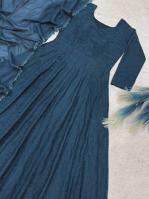 teal color thread embroidery work with gpo lace border georgette gown set 4