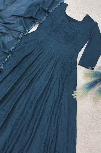 teal color thread embroidery work with gpo lace border georgette gown set
