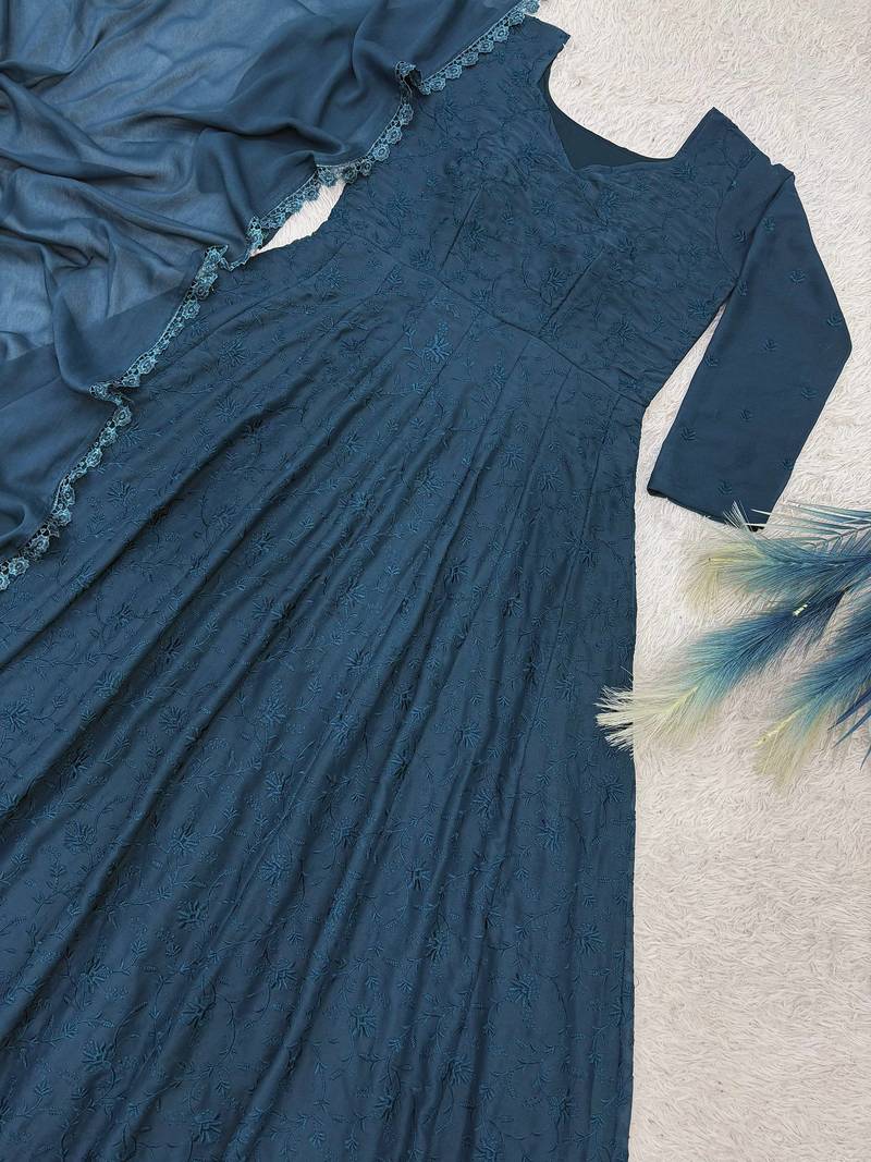teal color thread embroidery work with gpo lace border georgette gown set