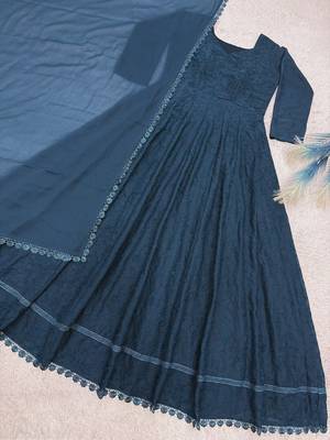 teal color thread embroidery work with gpo lace border georgette gown set 5