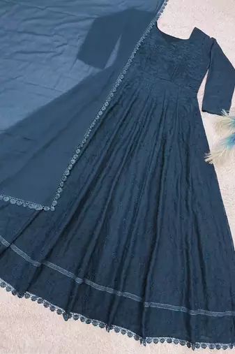 teal color thread embroidery work with gpo lace border georgette gown set