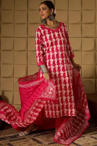 Paisley Printed V-Neck Regular Pure Cotton Kurta With Trouser With Dupatta