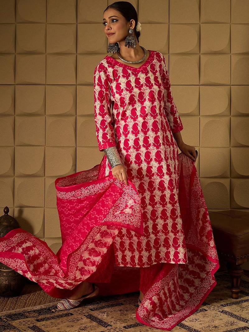 Paisley Printed V-Neck Regular Pure Cotton Kurta With Trouser With Dupatta