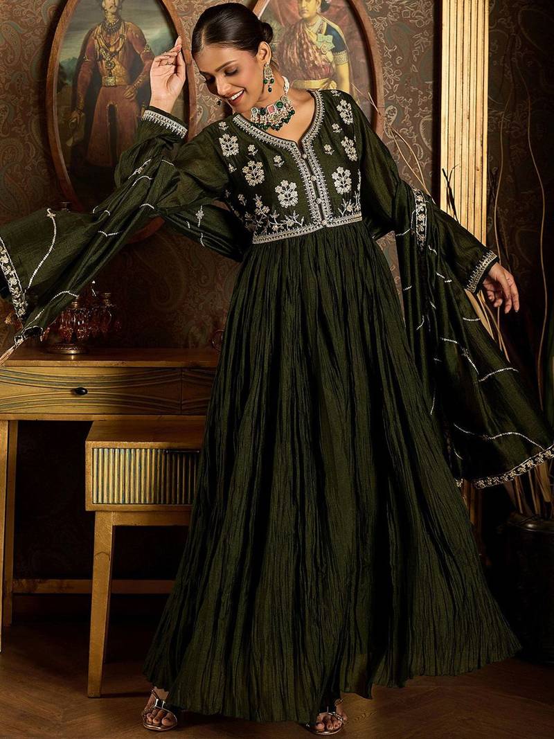 Floral Yoke Design Pleated Thread Work Anarkali Kurta With Trousers & Dupatta