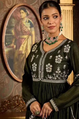 Floral Yoke Design Pleated Thread Work Anarkali Kurta With Trousers & Dupatta