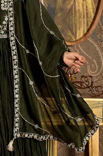 Floral Yoke Design Pleated Thread Work Anarkali Kurta With Trousers & Dupatta