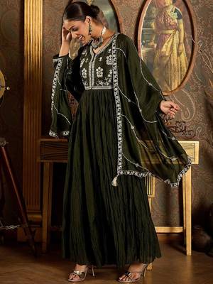 Floral Yoke Design Pleated Thread Work Anarkali Kurta With Trousers & Dupatta 6
