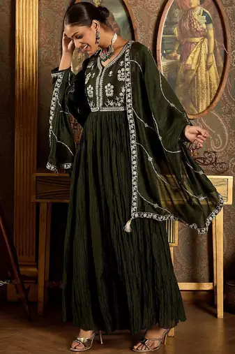 Floral Yoke Design Pleated Thread Work Anarkali Kurta With Trousers & Dupatta