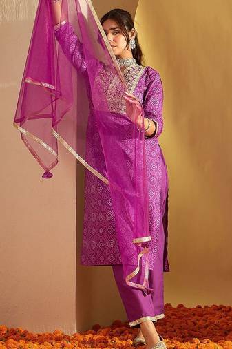 bandhani embroidered sequinned  cotton straight kurta with trousers & dupatta