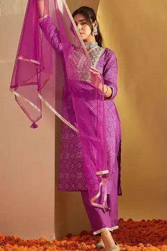 Bandhani Embroidered Sequinned Pure Cotton Straight Kurta With Trousers & Dupatta