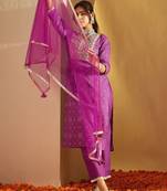 Bandhani Embroidered Sequinned Pure Cotton Straight Kurta With Trousers & Dupatta