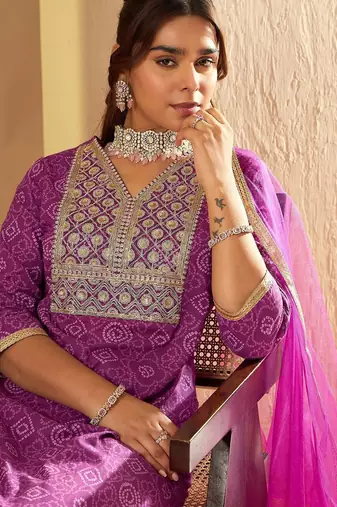 Bandhani Embroidered Sequinned Pure Cotton Straight Kurta With Trousers & Dupatta