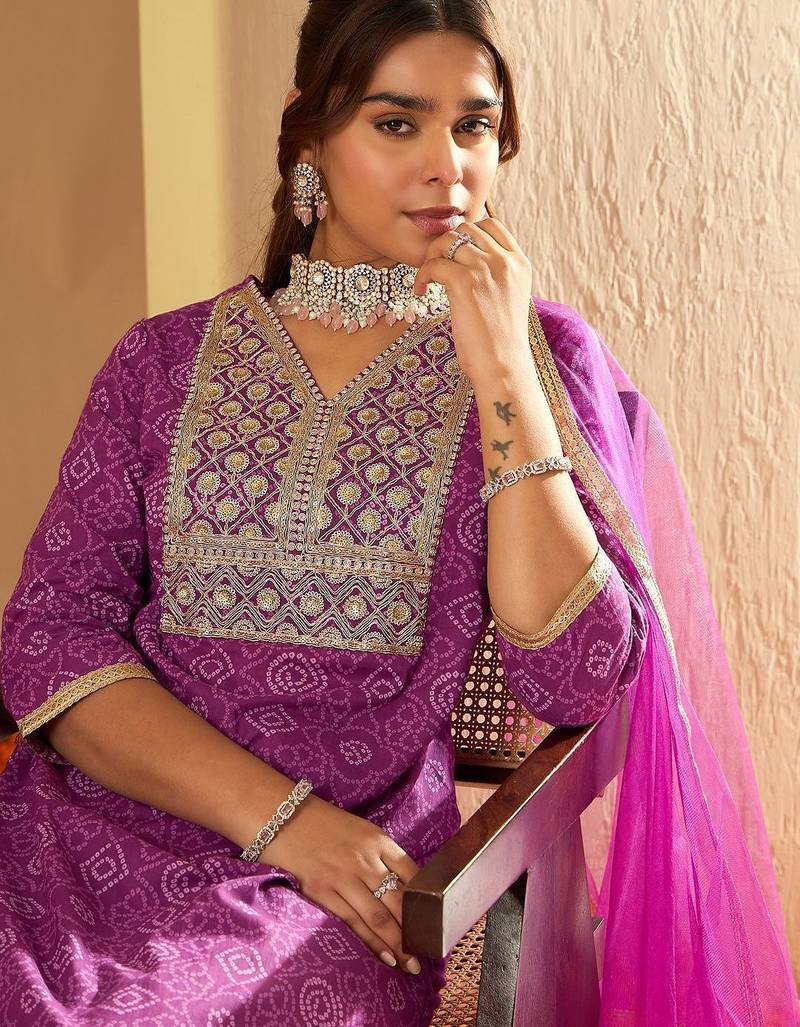 Bandhani Embroidered Sequinned Pure Cotton Straight Kurta With Trousers & Dupatta