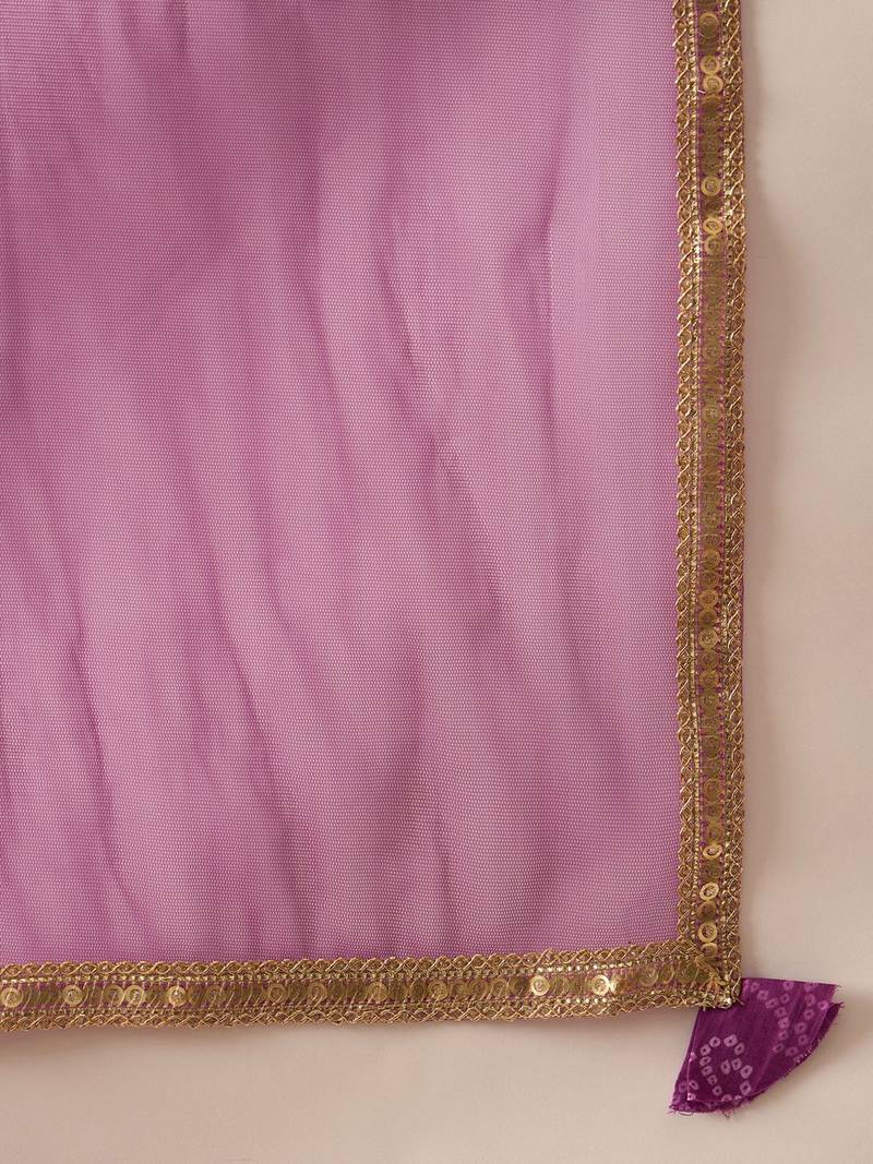 Bandhani Embroidered Sequinned Pure Cotton Straight Kurta With Trousers & Dupatta