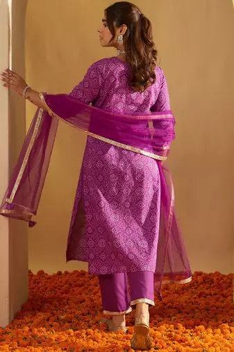 Bandhani Embroidered Sequinned Pure Cotton Straight Kurta With Trousers & Dupatta