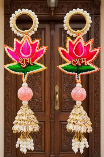 traditional lotus shubh labh hanging with golden tassels pack of 2