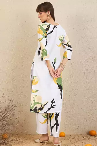 Floral Printed V Neck Straight Kurta With Trousers