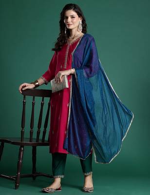 Ethnic Motifs Embroidered Zari Kurta With Trousers & Dupatta 1