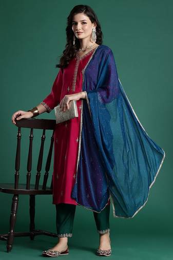 Ethnic Motifs Embroidered Zari Kurta With Trousers & Dupatta