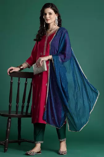 Ethnic Motifs Embroidered Zari Kurta With Trousers & Dupatta