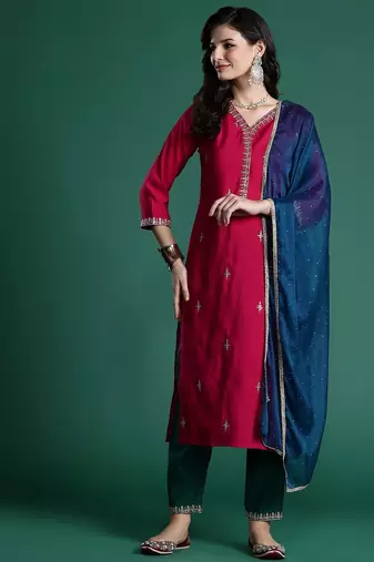 Ethnic Motifs Embroidered Zari Kurta With Trousers & Dupatta
