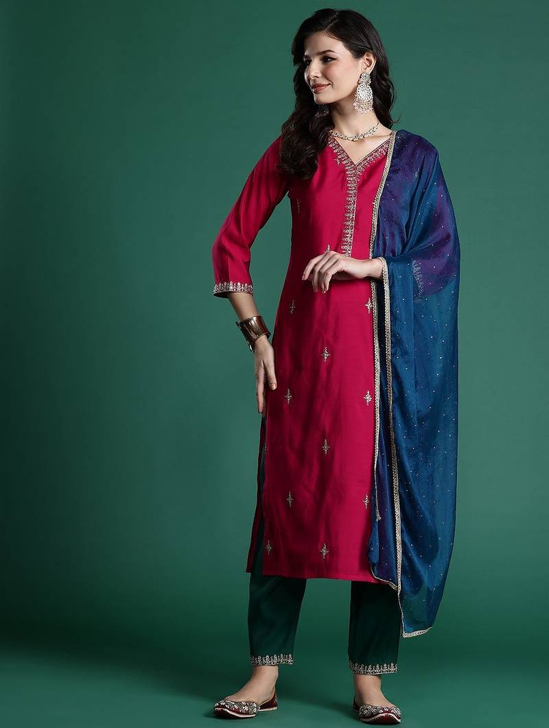 Ethnic Motifs Embroidered Zari Kurta With Trousers & Dupatta