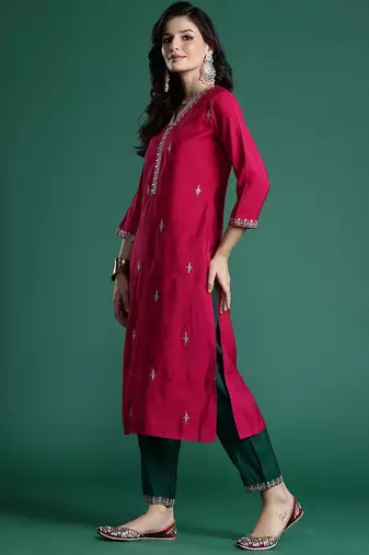 Ethnic Motifs Embroidered Zari Kurta With Trousers & Dupatta
