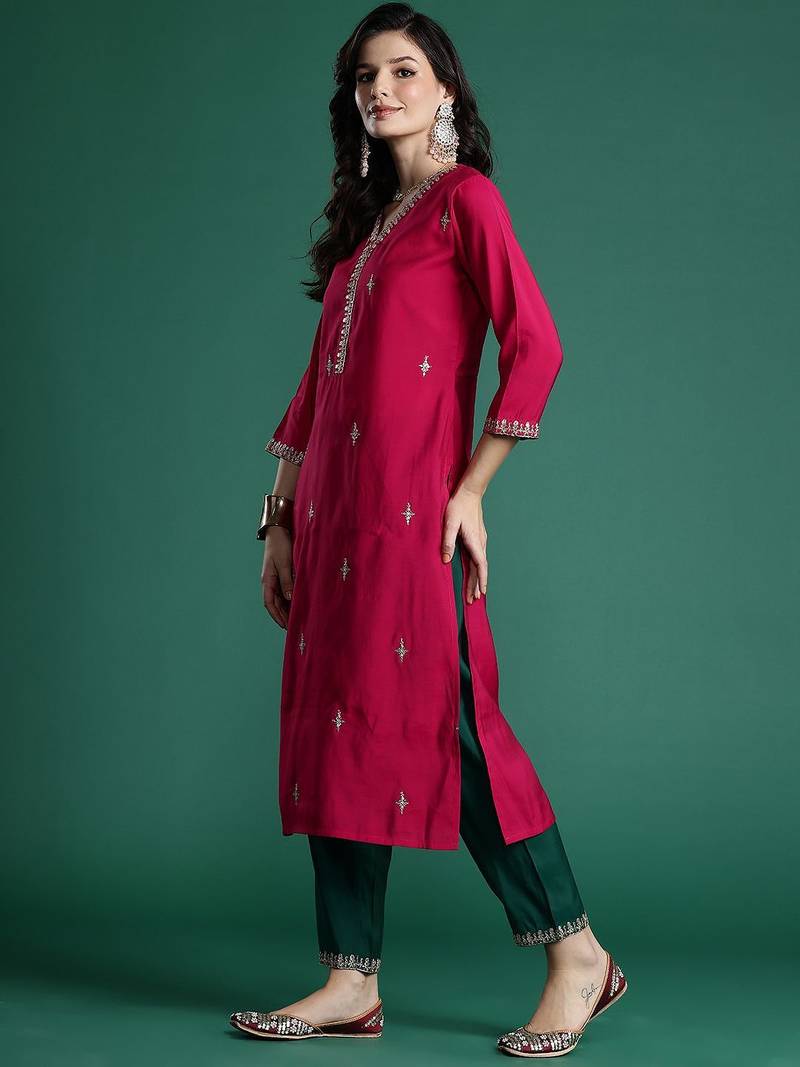 Ethnic Motifs Embroidered Zari Kurta With Trousers & Dupatta
