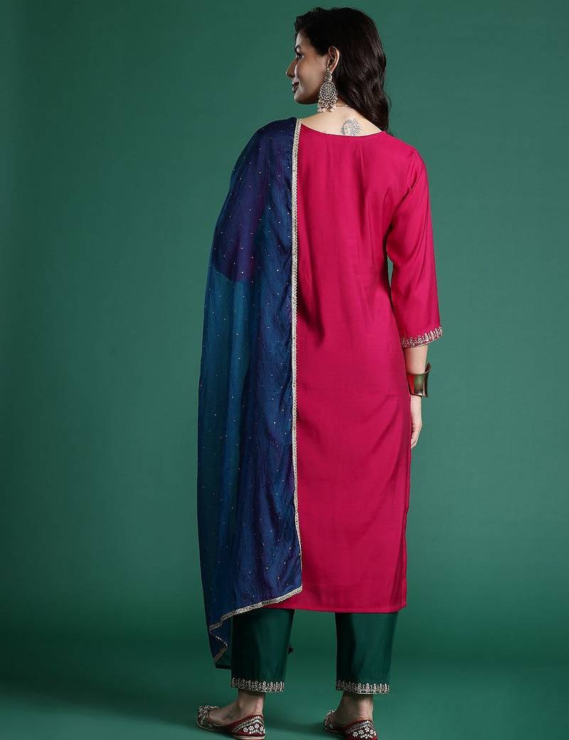 Ethnic Motifs Embroidered Zari Kurta With Trousers & Dupatta