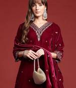 Zari & Sequin Embroidered Velvet Kurta with Trousers & Scalloped Dupatta
