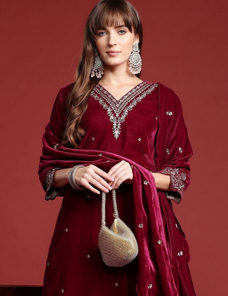 Zari & Sequin Embroidered Velvet Kurta with Trousers & Scalloped Dupatta