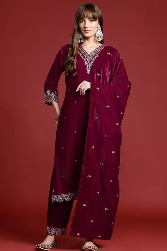 Zari & Sequin Embroidered Velvet Kurta with Trousers & Scalloped Dupatta