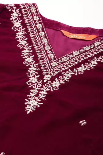 Zari & Sequin Embroidered Velvet Kurta with Trousers & Scalloped Dupatta