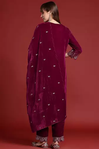Zari & Sequin Embroidered Velvet Kurta with Trousers & Scalloped Dupatta