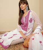 Floral Embroidered Thread Work Organza Straight Kurta With Trousers & Dupatta