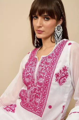 Floral Embroidered Thread Work Organza Straight Kurta With Trousers & Dupatta
