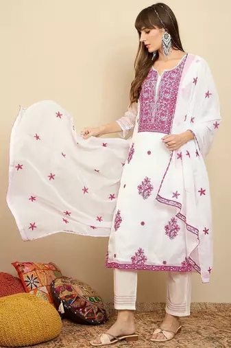 Floral Embroidered Thread Work Organza Straight Kurta With Trousers & Dupatta