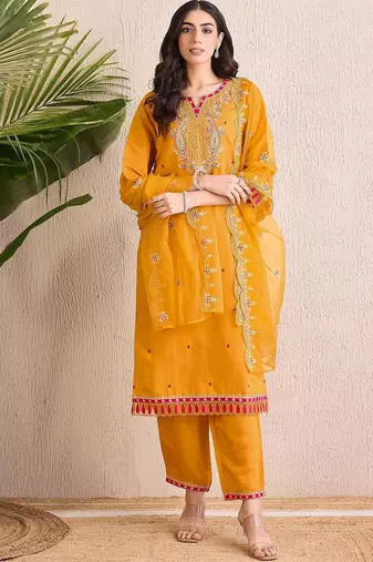 Women Ethnic Motifs Embroidered Regular Gotta Patti Kurta with Trousers & With Dupatta