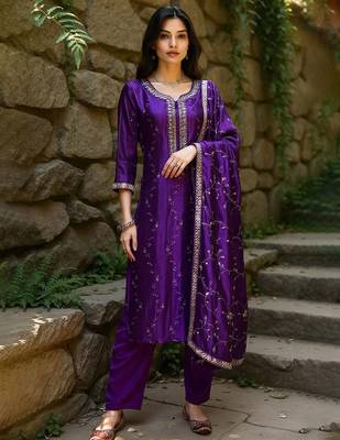 Women Floral Embroidered Regular Kurta with Trousers & With Dupatta 1