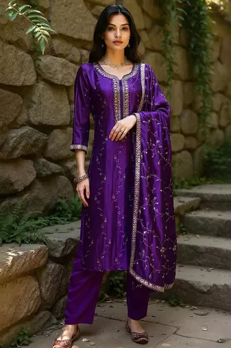 Women Floral Embroidered Regular Kurta with Trousers & With Dupatta