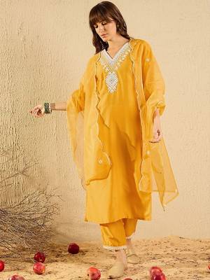 Ethnic Motifs Embroidered Straight Kurta With Trousers & Dupatta 1
