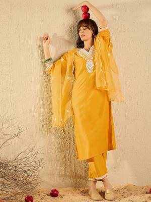 Ethnic Motifs Embroidered Straight Kurta With Trousers & Dupatta 7