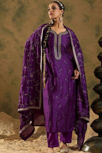 Floral Embroidered Sequinned Straight Kurta with Trousers & Dupatta