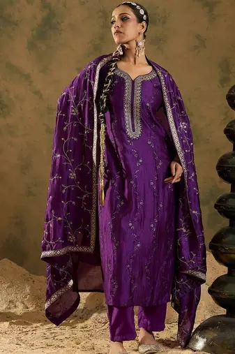 Floral Embroidered Sequinned Straight Kurta with Trousers & Dupatta