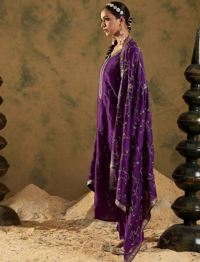 Floral Embroidered Sequinned Straight Kurta with Trousers & Dupatta