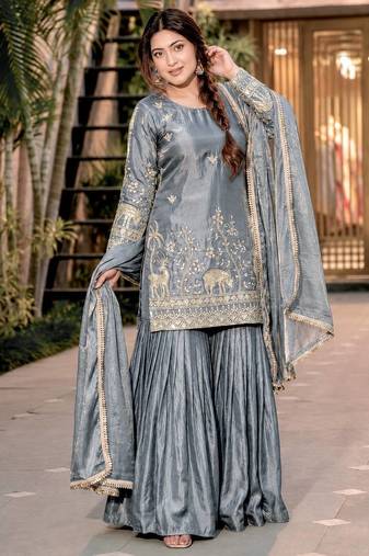 grey color heavy embroidery sequin work kurti sharara set