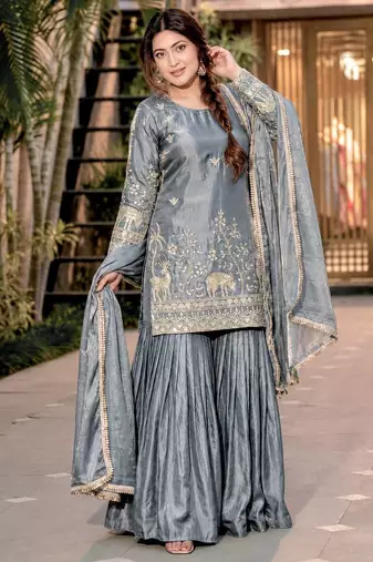 grey color heavy embroidery sequin work kurti sharara set